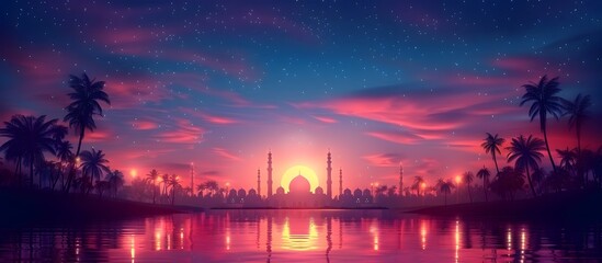 Vibrant Ramadan Night Scene with Crescent Moon and Ornate Mosque Skyline