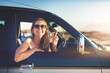 © Stratford/peopleimages.com - Woman, portrait and road trip with peace sign for travel, transport and spring break holiday. Adventure, van and smile of college student on vacation with car transportation and happy from journey