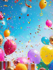 Poster - Bright, colorful balloons and confetti fill the sky above a collection of birthday presents, creating a joyful and festive scene perfect for celebrations. Generative AI