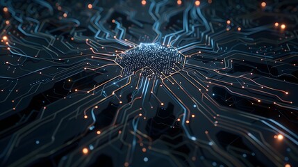 Wall Mural - Visualization of a neural circuit network within a cyber brain, integrated with quantum computing technology, showcasing robot progress