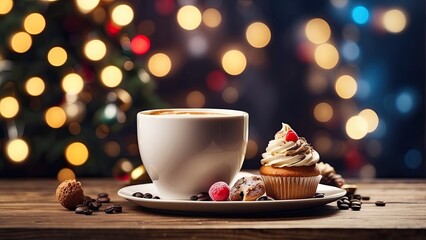 Wall Mural - A coffee cup with cakes on a wooden table with a Christmas light bokeh in the backdrop. Banner with text copy space