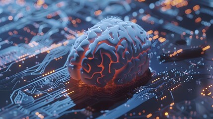 Wall Mural - Detailed view of a cyber brain with neural circuits, embedded in a quantum computing environment, symbolizing AI and technological progress.