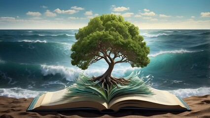 Tree Grows from Open Book Surrounded by Ocean Waves