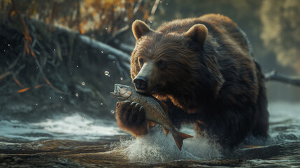 A big bear with a big fish in its mouth in the river.