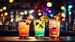 © Uzair - Cocktails on a counter in a bar, lit up by party lights, with a blurred background and copy space. Drink of the tropics. celebrations, nightclubs, bars, and holidays.