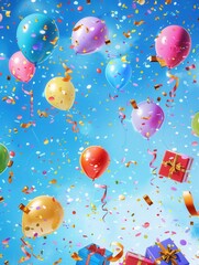 Poster - A vibrant image of colorful balloons and confetti falling against a blue sky, perfect for childrens stores, event planners, and photo studios. Generative AI