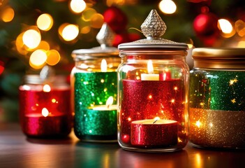 festive christmas candle jars holiday decorations ornaments, themed, winter, seasonal, cozy, warm, glowing, lights, traditional, red, green, white, sparkly
