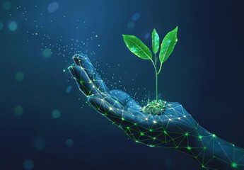 Digital hand holding a growing plant symbolizing technology and nature