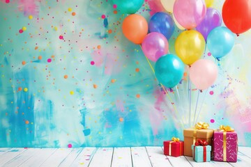 Aufkleber - Festive birthday scene with colorful balloons, confetti, and presents. Perfect for childrens parties and celebrations. Generative AI