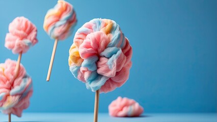 Wall Mural - Multicolored cotton candy on a stick on blue background