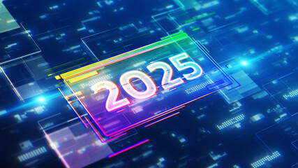 Poster - Happy New Year 2025. Abstract futuristic digital technology concept with neon glow on dark blue background.