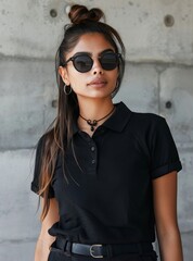 Wall Mural - Indian woman in black polo and sunglasses against textured wall