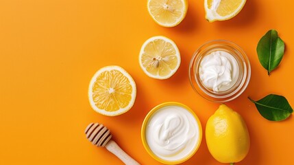 Canvas Print - Ideal Ingredients for Homemade Face Mask Yogurt Lemon and Honey for Radiant Skin Top View on Orange Background Beauty Product Concept Flat Lay with Space for Text