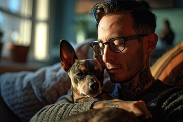 Wall Mural - Portrait of a stylish, young gay man at home, a genuine moment of companionship and friendship with his dog, representing the warmth of LGBTQ+ unity, Generative AI