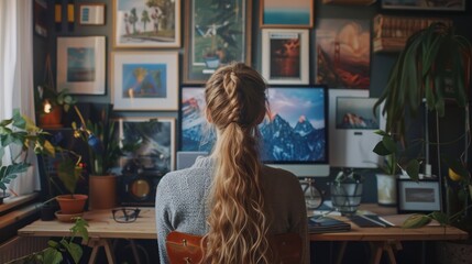 Wall Mural - A woman with long hair sits at a desk with a computer monitor in front of her