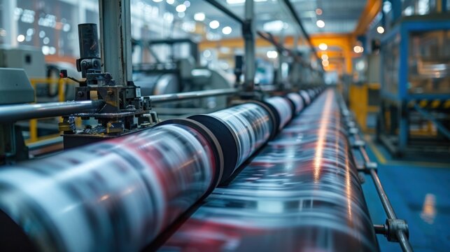 A factory with a conveyor belt that is filled with paper. The paper is being printed on and is being sorted