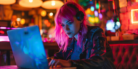 A close-up of a person with neon-colored hair and cyberpunk attire, working on a laptop