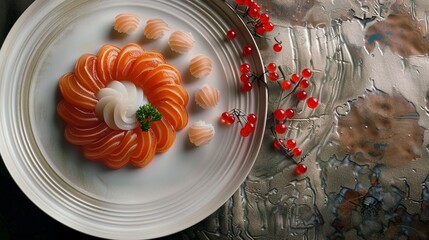 Wall Mural - Plating Japanese sushi with plate, top view, Copy space, very detailed, cinematic, Realistic, Generative ai