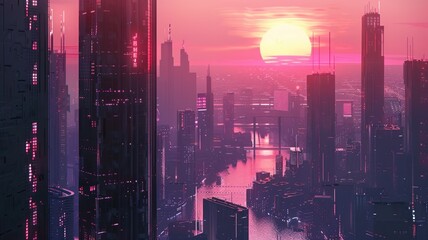 Wall Mural - The futuristic cityscape glows with neon colors during a stunning sunrise, forming a majestic and captivating view AIG59