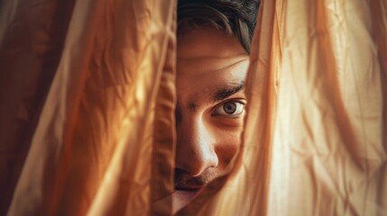 Wall Mural - An young man looks out from behind a beige curtain.