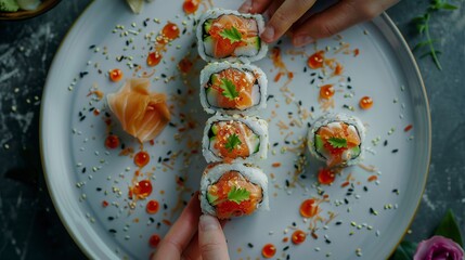 Wall Mural - Plating Japanese sushi with plates, top view, very detailed, cinematic, Realistic, Generative ai