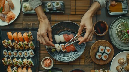 Wall Mural - Plating Japanese sushi with plates, top view, very detailed, cinematic, Realistic, Generative ai