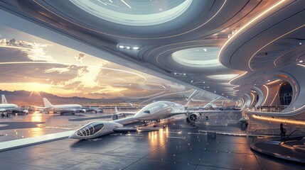 Sticker - a hyperreal futuristic airport with advanced aircraft, sleek terminals, and cutting-edge technology, showcasing the future of travel, offering ample copy space for text