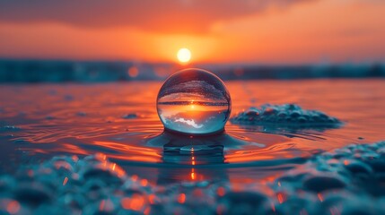 Sticker - Mesmerizing Water Drop Reflecting Sunrise Over Serene Ocean at Dawn