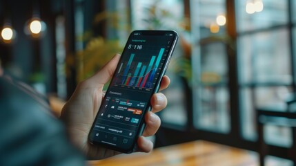A smartphone screen showing a financial app with a detailed bar graph, held by a businessperson.