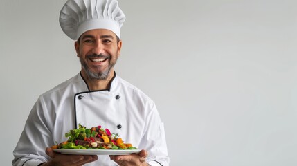 a cheerful chef in a professional uniform, holding a plate of gourmet food, smiling proudly on a white background, capturing the joy of culinary arts, with ample copy space for text