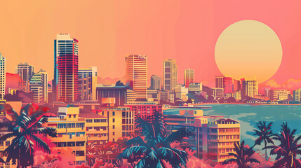Risograph riso print travel poster, card, wallpaper or banner illustration, modern, isolated, clear and simple of Dar es Salaam, Tanzania. Artistic, screen printing, stencil backdrop background