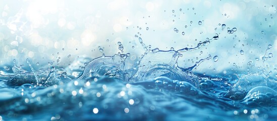 Water wave surface texture with splashes and bubbles. Fresh summer theme background with copy space for skincare products