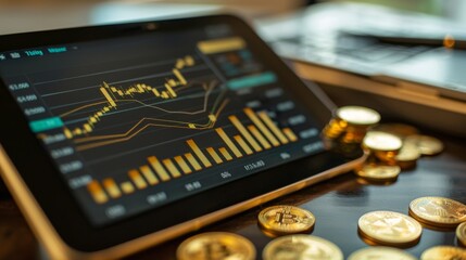 Aufkleber - A tablet displaying a gold price graph, with gold bars and coins arranged around it on a desk.