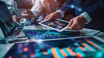 Poster - A team of professionals collaborating on a financial project with charts and graphs on a digital tablet and laptop screens.