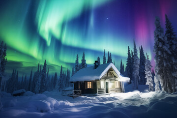 Wall Mural - The magical northern lights illuminating the snowy wilderness of Lapland, Finland. Generative AI tools