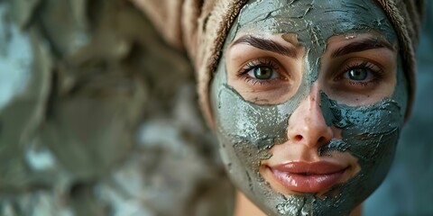 Wall Mural - Portrait of a European woman wearing a clay mask in a spa. Concept Spa Day, Clay Mask, European Woman, Portrait Photography