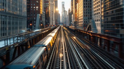 Aufkleber - A train speeding on elevated tracks through an urban area, showcasing public transportation in a metropolitan city.