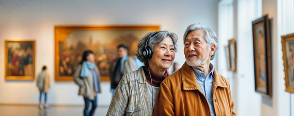 Couple in art museum. Senior asian man and woman in gallery with audio guide. Old people visit exhibition banner. Visitor watch picture, translate tour by headphones. Japanese, chinese, korean tourist