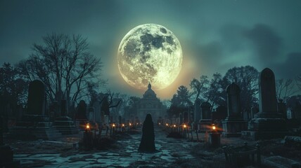 Wall Mural - Spooky Cemetery under Full Moon. Eerie Scene for Halloween