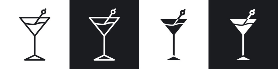 Cocktail icon set. drink glasses vector symbol. club or restaurant coctail glass sign in black filled and outlined style.