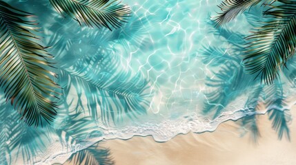 Wall Mural - Abstract palm leaf shadow on transparent blue water wave above empty beach for travel concept