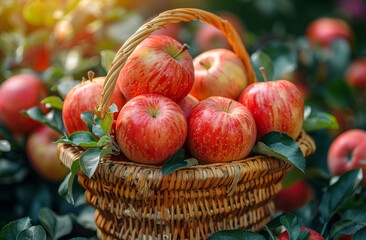 Wall Mural - A basket full of apples with green leaves surrounding them.
