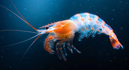 Wall Mural - A shrimp is swimming in the ocean. The water is dark blue