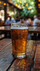 Frothy golden craft beer in a glass on a rustic wooden table in an outdoor pub or bar setting