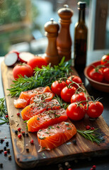 Sticker - A wooden cutting board with salmon, tomatoes, and herbs on it