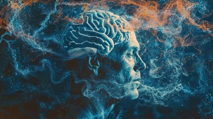 Wall Mural - Human head and brain. Different kind of waveforms produced by brain activity shown on background. Digital illustration 