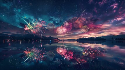 Aufkleber - A dazzling display of colorful fireworks illuminating the night sky over a tranquil lake, with reflections shimmering on the water