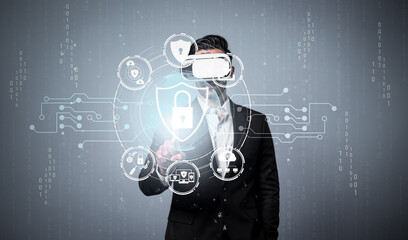 Wall Mural - Caucasian project manager wearing VR glasses while look at hologram of security system. Smart businessman using visual reality goggle while connect metaverse plan and access privacy code. Deviation.