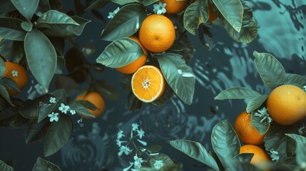 Wall Mural - Floating Citrus Oranges Amongst Vibrant Green Leaves in Water