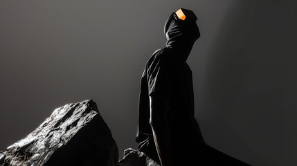 Silhouette of hooded figure gazing upward, bathed in intense spotlight. Dark, textured background with jagged rock formation. High contrast between light and shadow. 